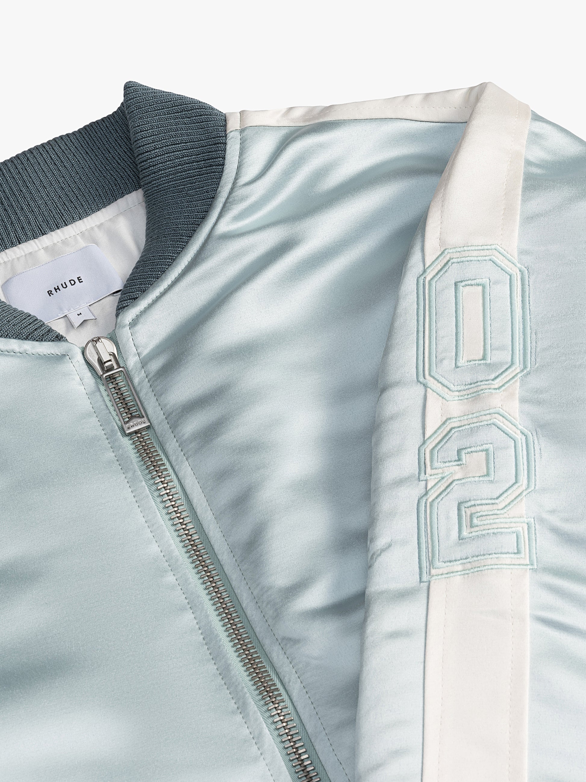 RHUDE MEN'S MINT CREAM SATIN BOMBER JACKET