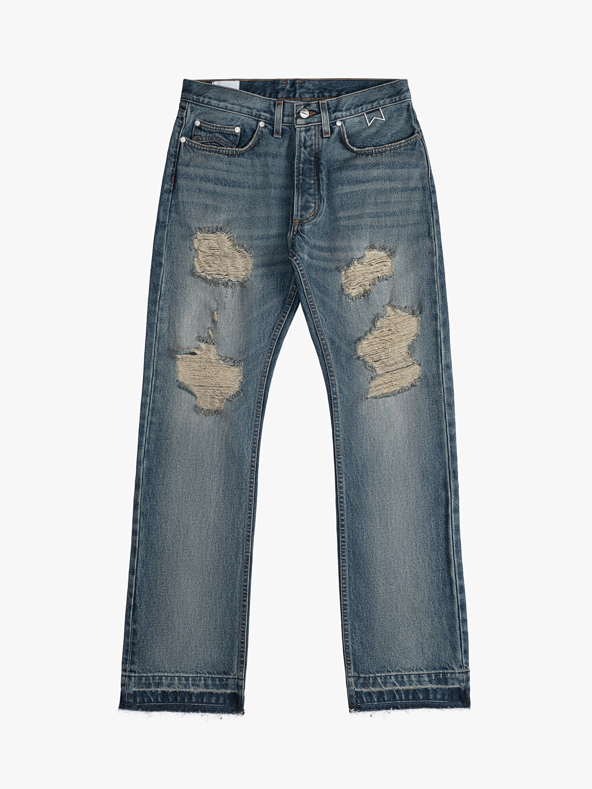 RHUDE MEN'S BLUE DISTRESSED DENIM TROUSERS