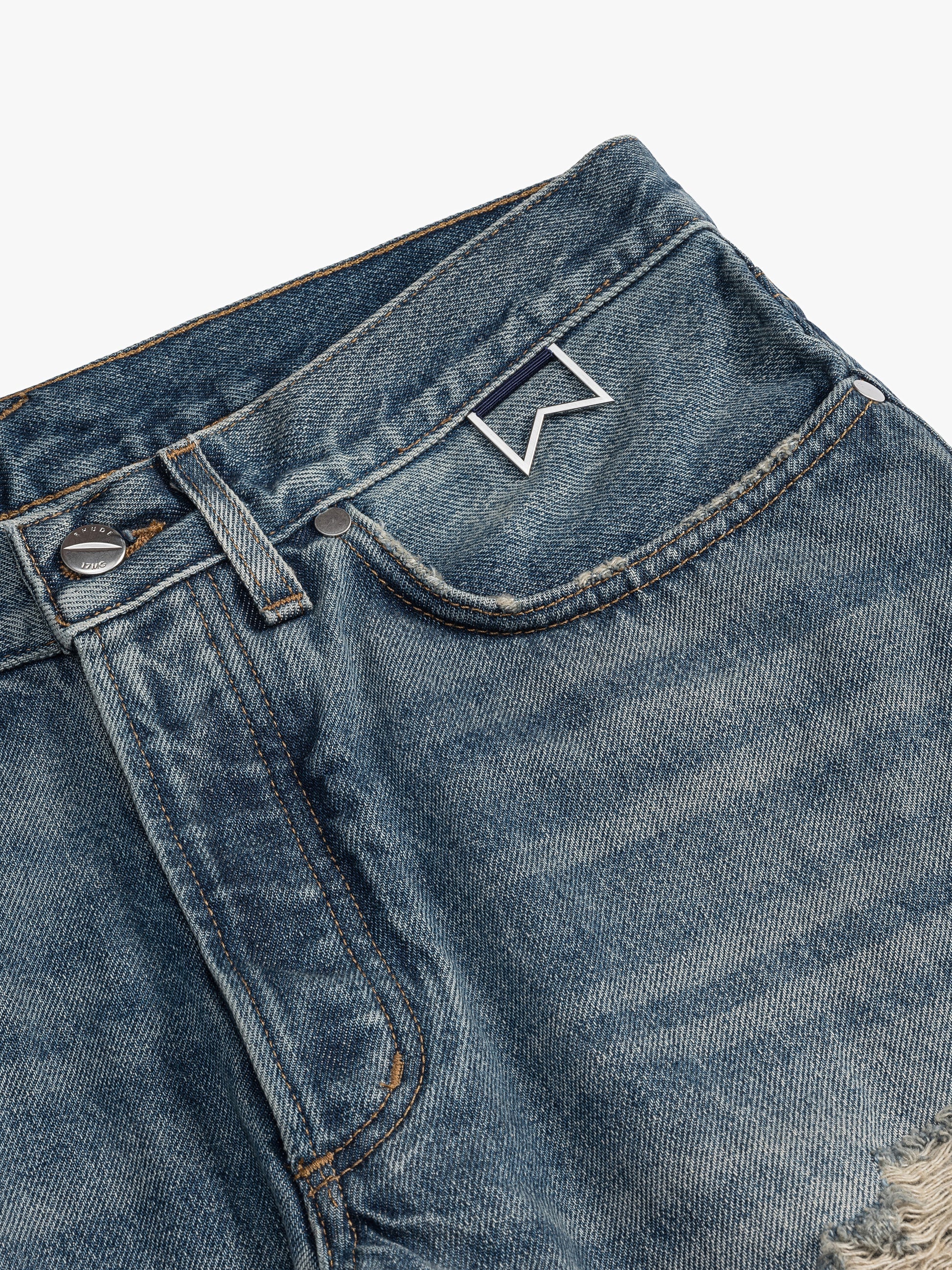 RHUDE MEN'S BLUE DISTRESSED DENIM TROUSERS