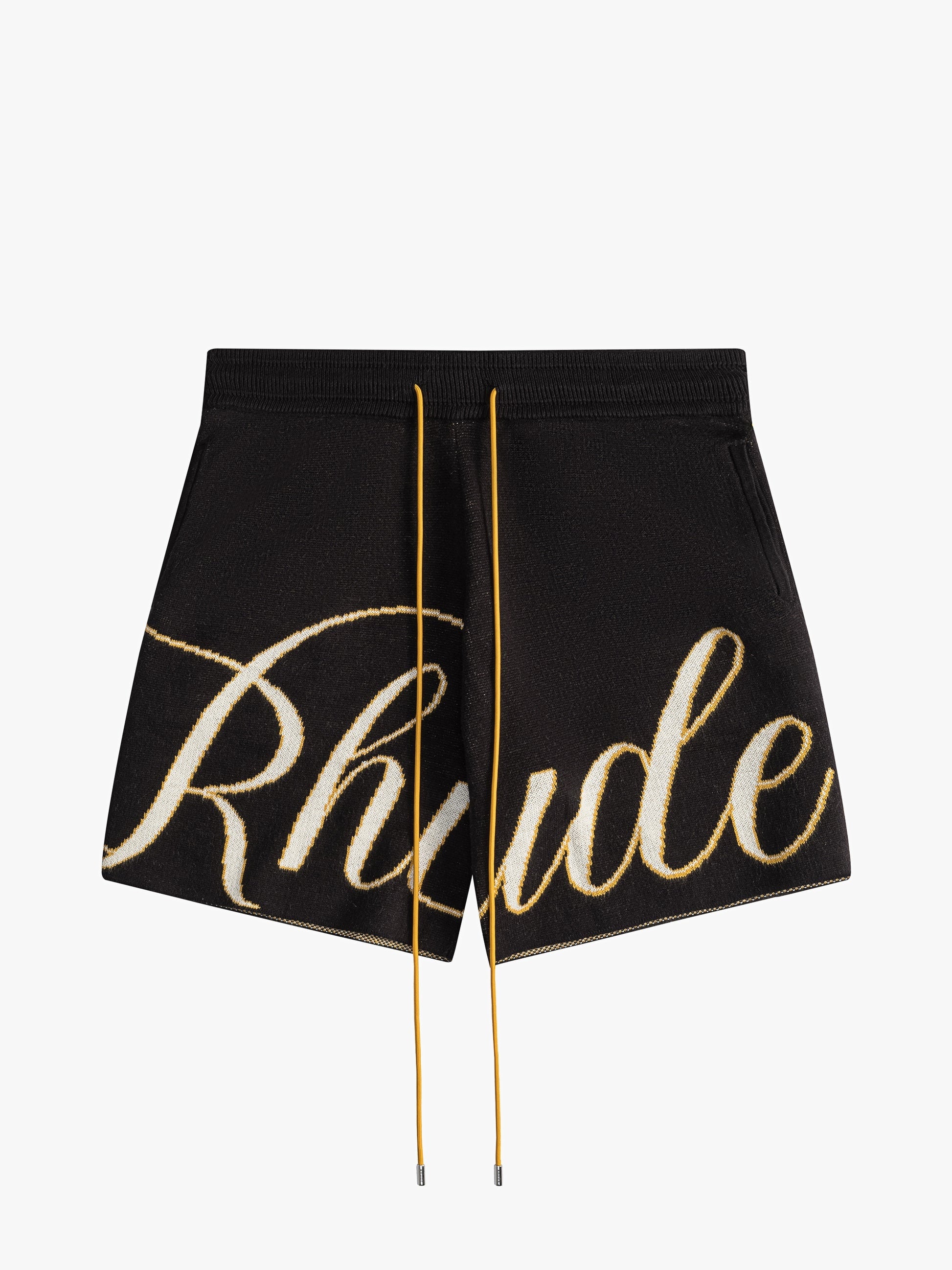 RHUDE MEN'S BLACK CASHMERE KNIT SCRIPT SHORTS