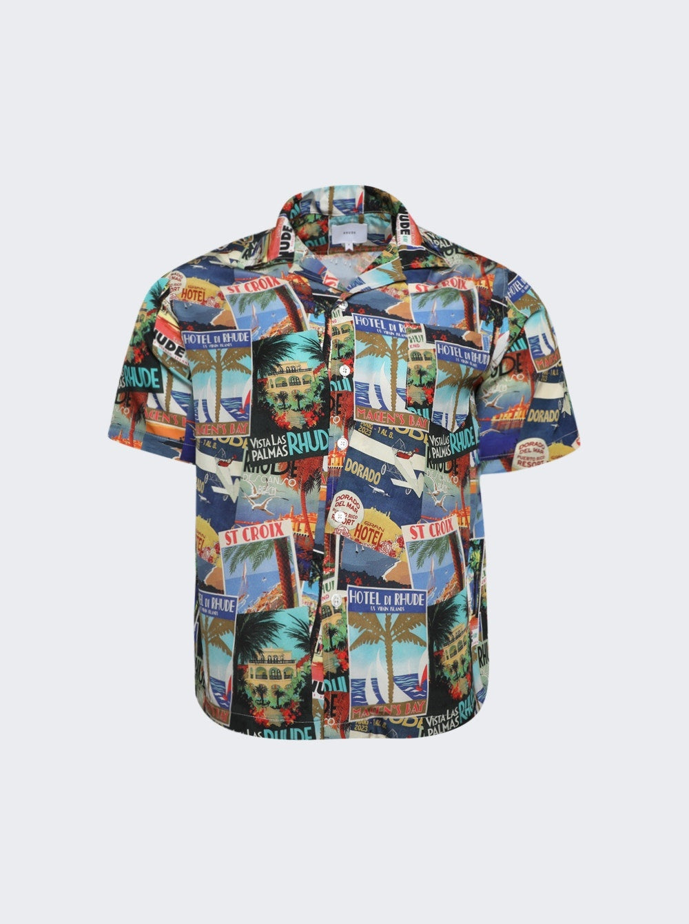 RHUDE MEN'S MULTI-COLOR SILK POSTCARD PRINT SHIRT