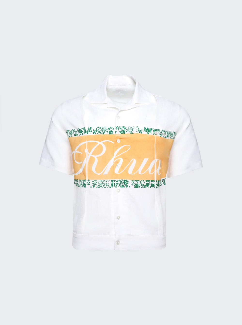 RHUDE MEN'S WHITE LINEN CUBAN SHIRT WITH PRINT