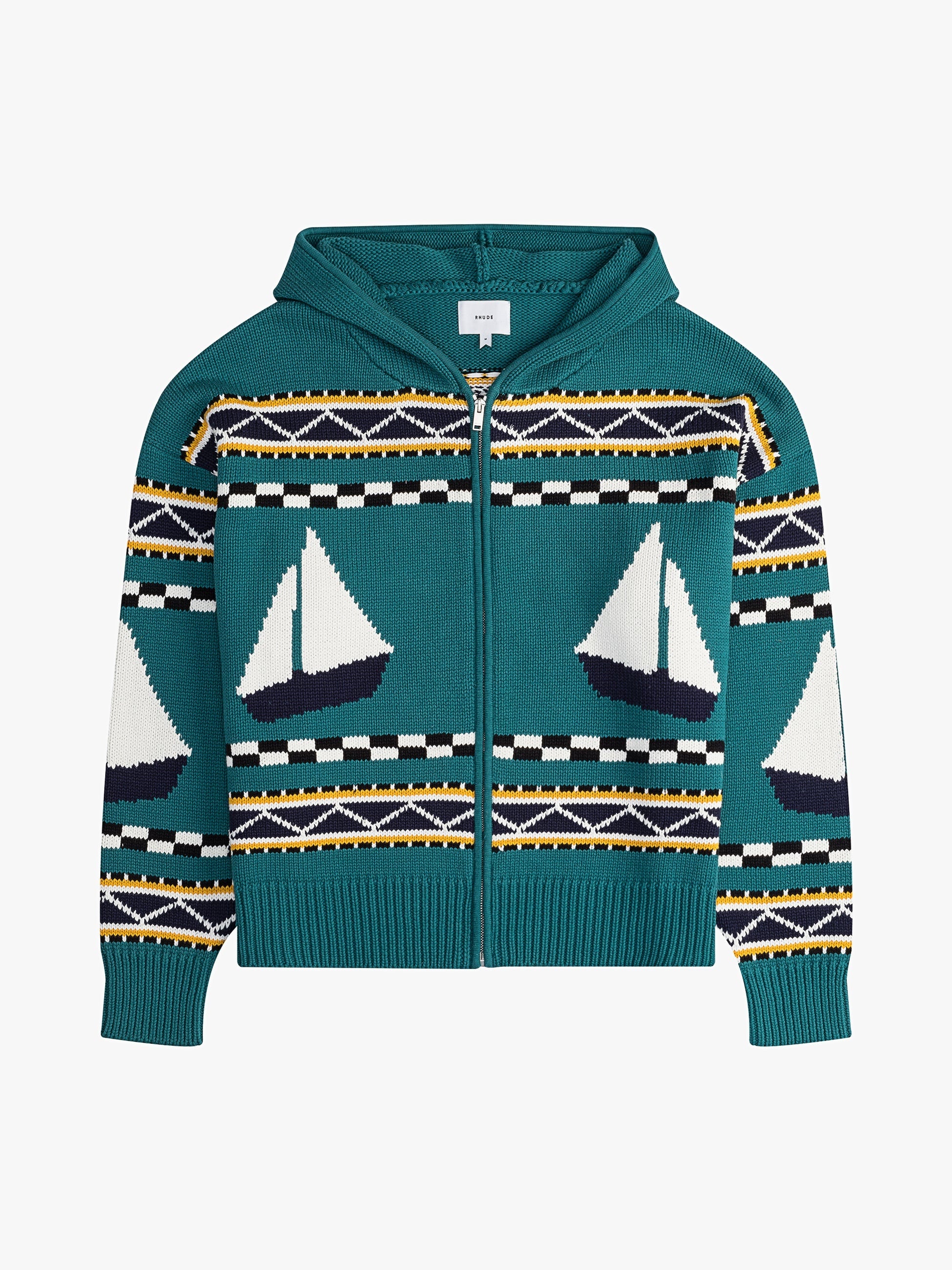 RHUDE MEN'S TEAL WOOL KNIT ZIP-UP HOODIE