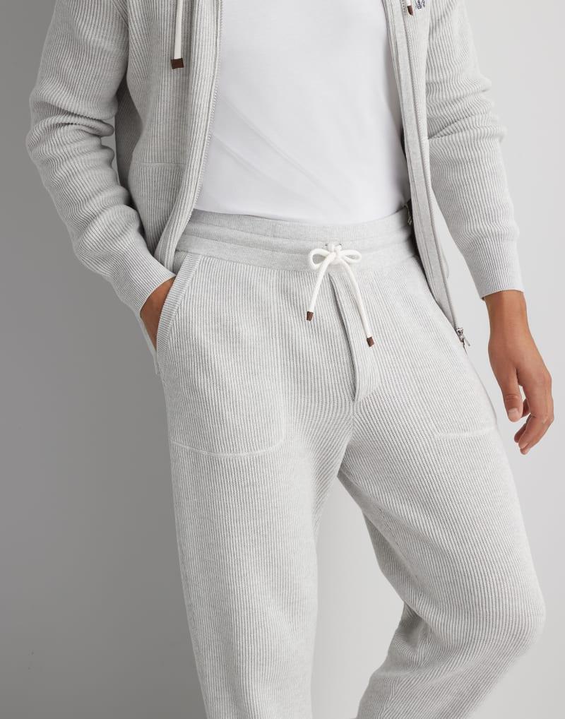 BRUNELLO CUCINELLI MEN'S LIGHT GREY RIBBED DRAWSTRING TROUSERS