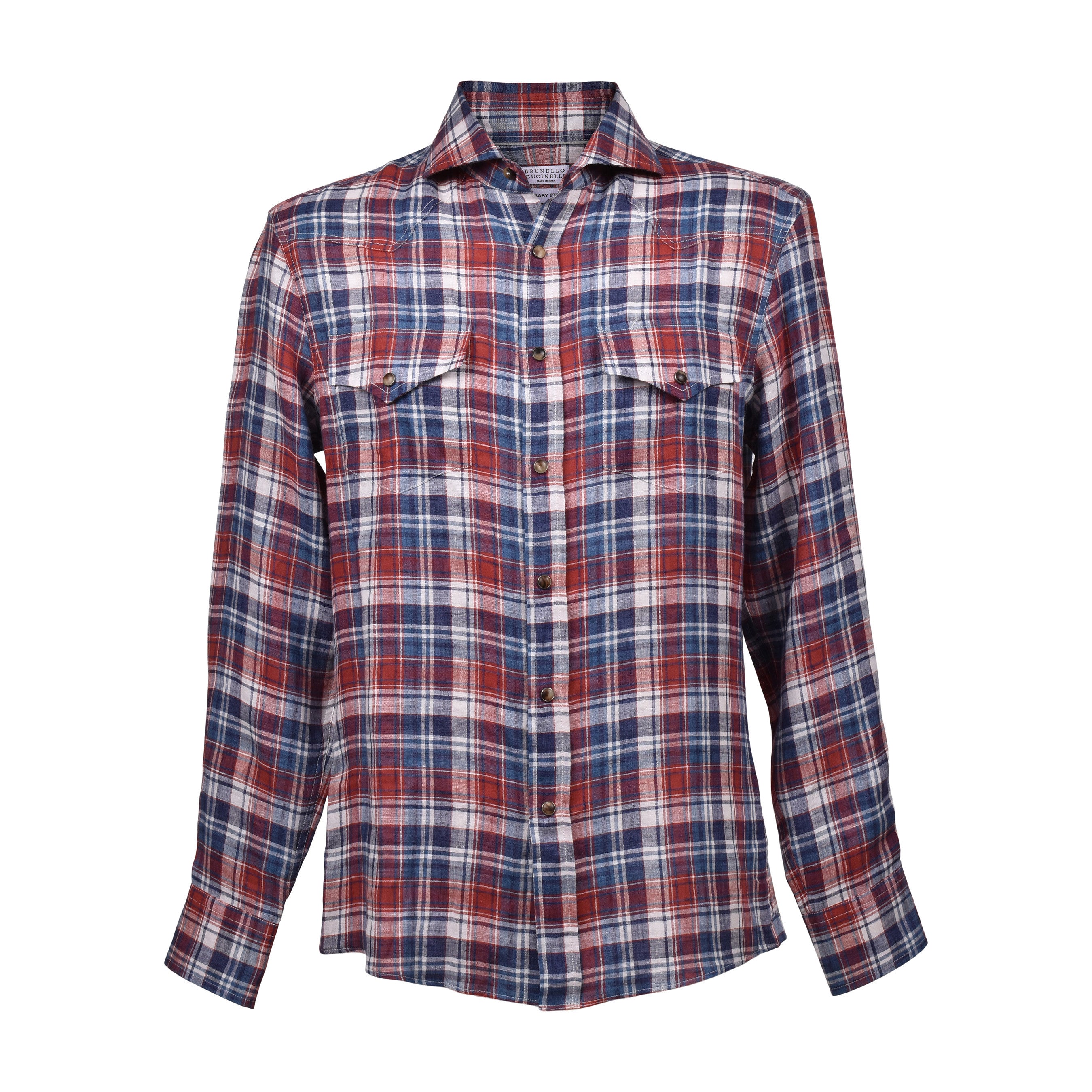 BRUNELLO CUCINELLI MEN'S GINGER BLUE PLAID LINEN SHIRT