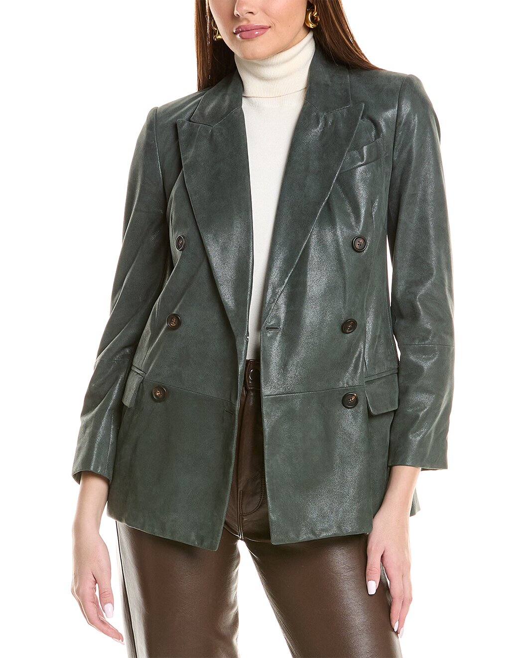 BRUNELLO CUCINELLI WOMEN'S FOREST GREEN LEATHER DOUBLE-BREASTED BLAZER - NWT