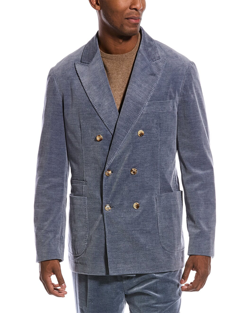 BRUNELLO CUCINELLI MEN'S BLUE DOUBLE-BREASTED CORDUROY SUIT