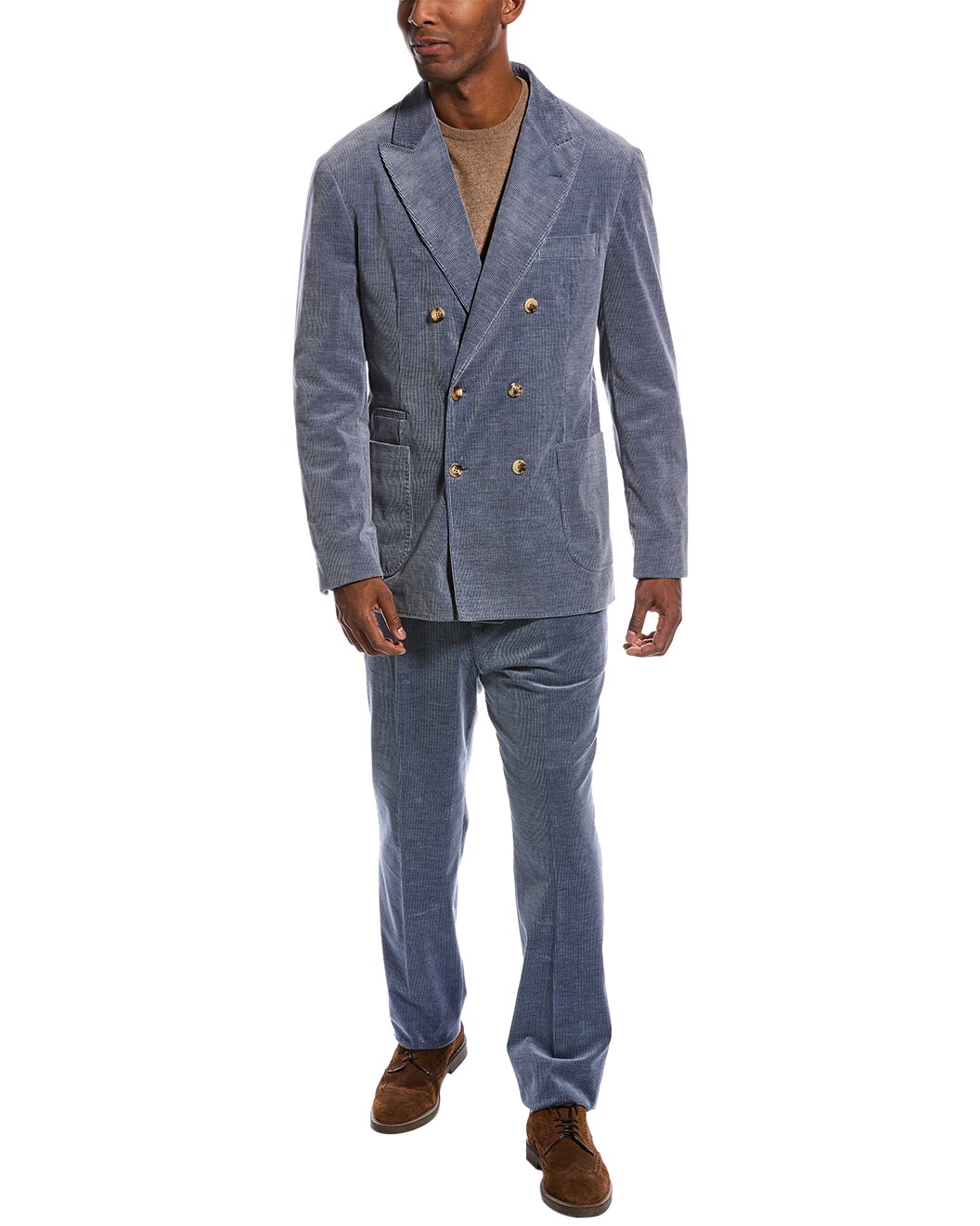BRUNELLO CUCINELLI MEN'S BLUE DOUBLE-BREASTED CORDUROY SUIT