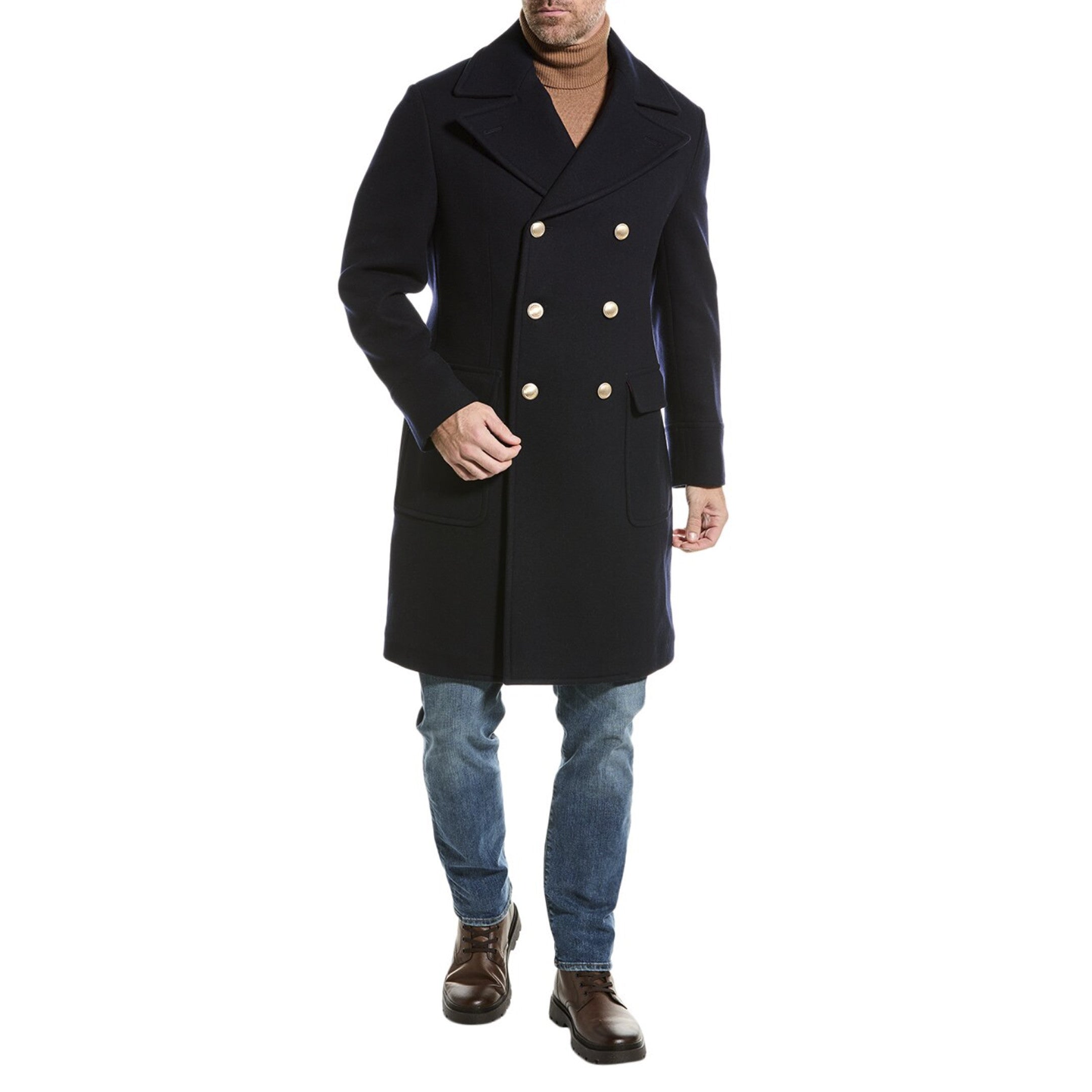 BRUNELLO CUCINELLI MEN'S NAVY WOOL BLEND DOUBLE-BREASTED PEACOAT