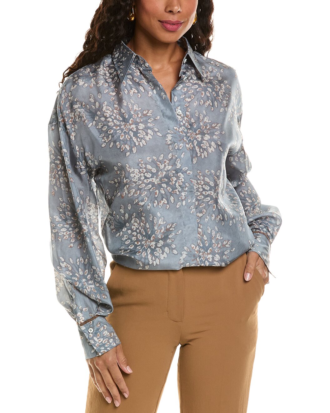 BRUNELLO CUCINELLI WOMEN'S BLUE FLORAL PATTERNED BLOUSE