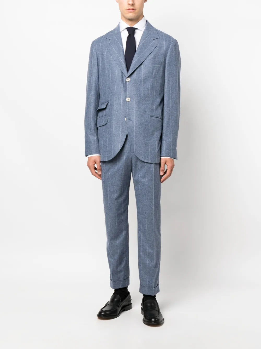 BRUNELLO CUCINELLI MEN'S GRAY PINSTRIPE PLEATED TROUSERS