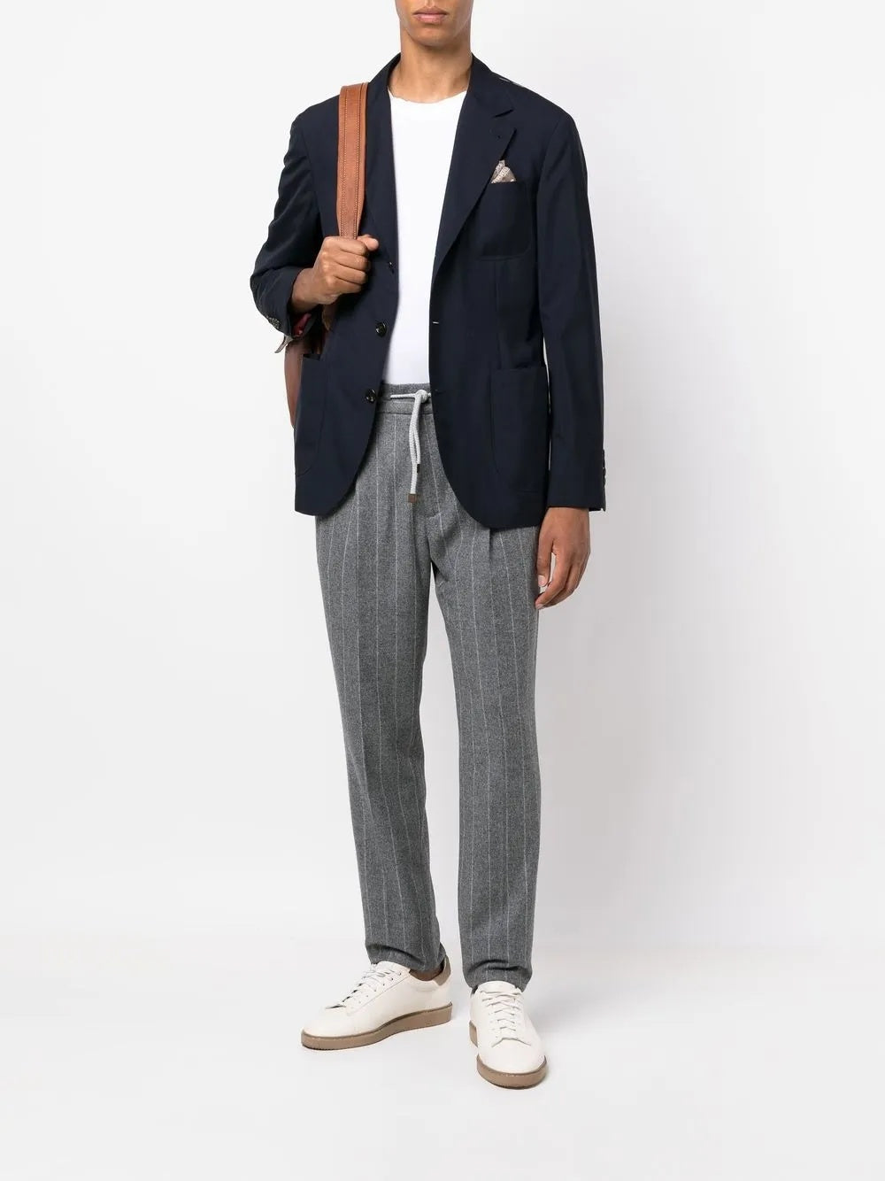 BRUNELLO CUCINELLI MEN'S GRAY PINSTRIPE DRAWSTRING TROUSERS