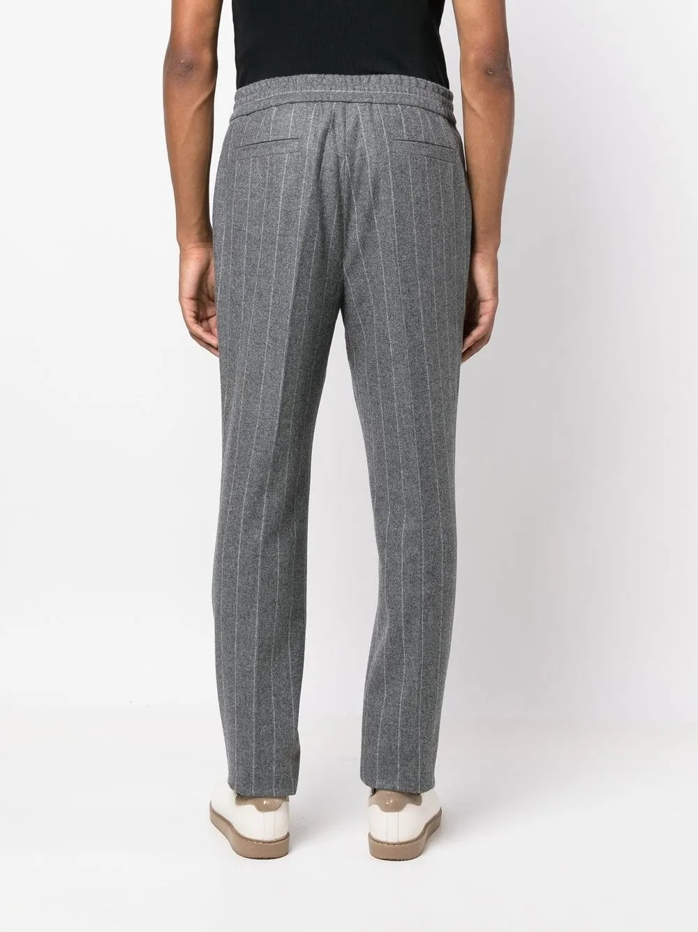 BRUNELLO CUCINELLI MEN'S GRAY PINSTRIPE DRAWSTRING TROUSERS