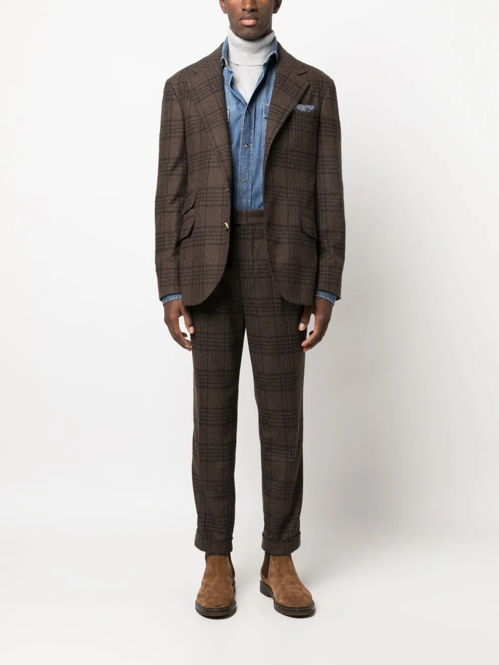 BRUNELLO CUCINELLI MEN'S BROWN PLAID TAILORED TROUSERS