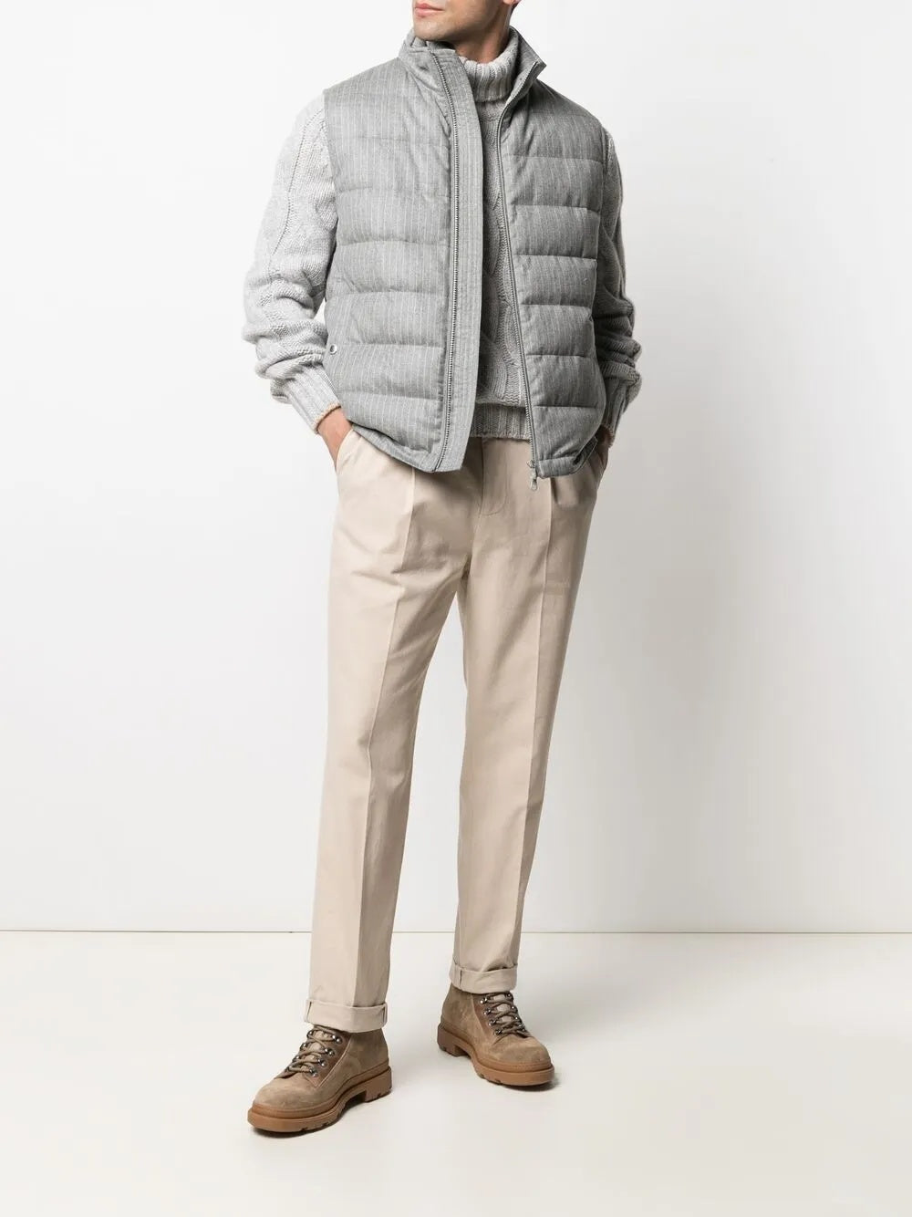 BRUNELLO CUCINELLI MEN'S BEIGE TAILORED TROUSERS WITH CUFFS