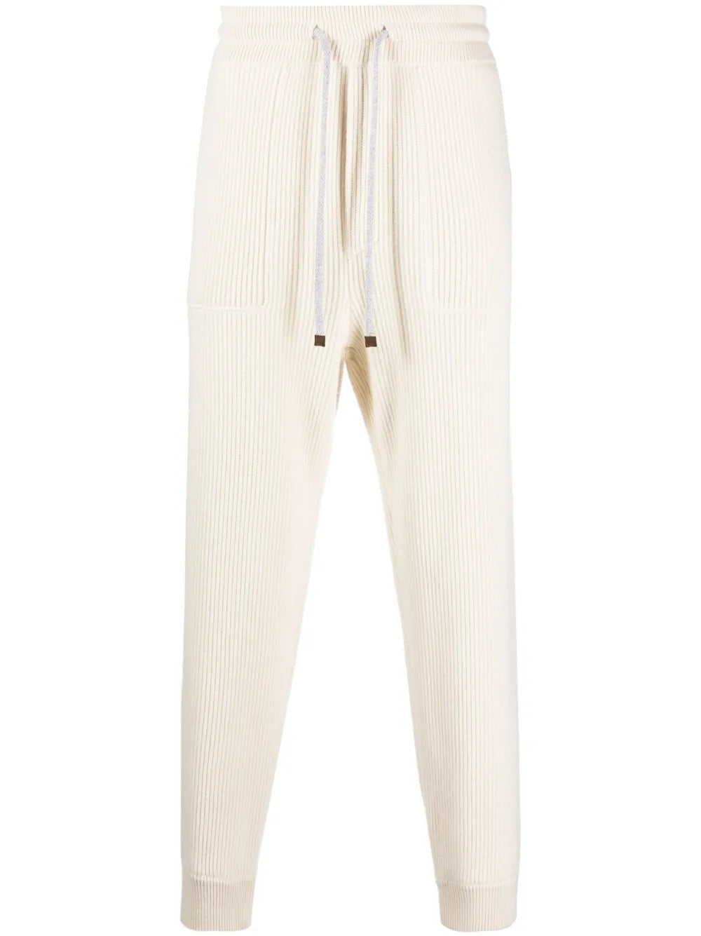 BRUNELLO CUCINELLI MEN'S CREAM RIBBED KNIT DRAWSTRING TROUSERS