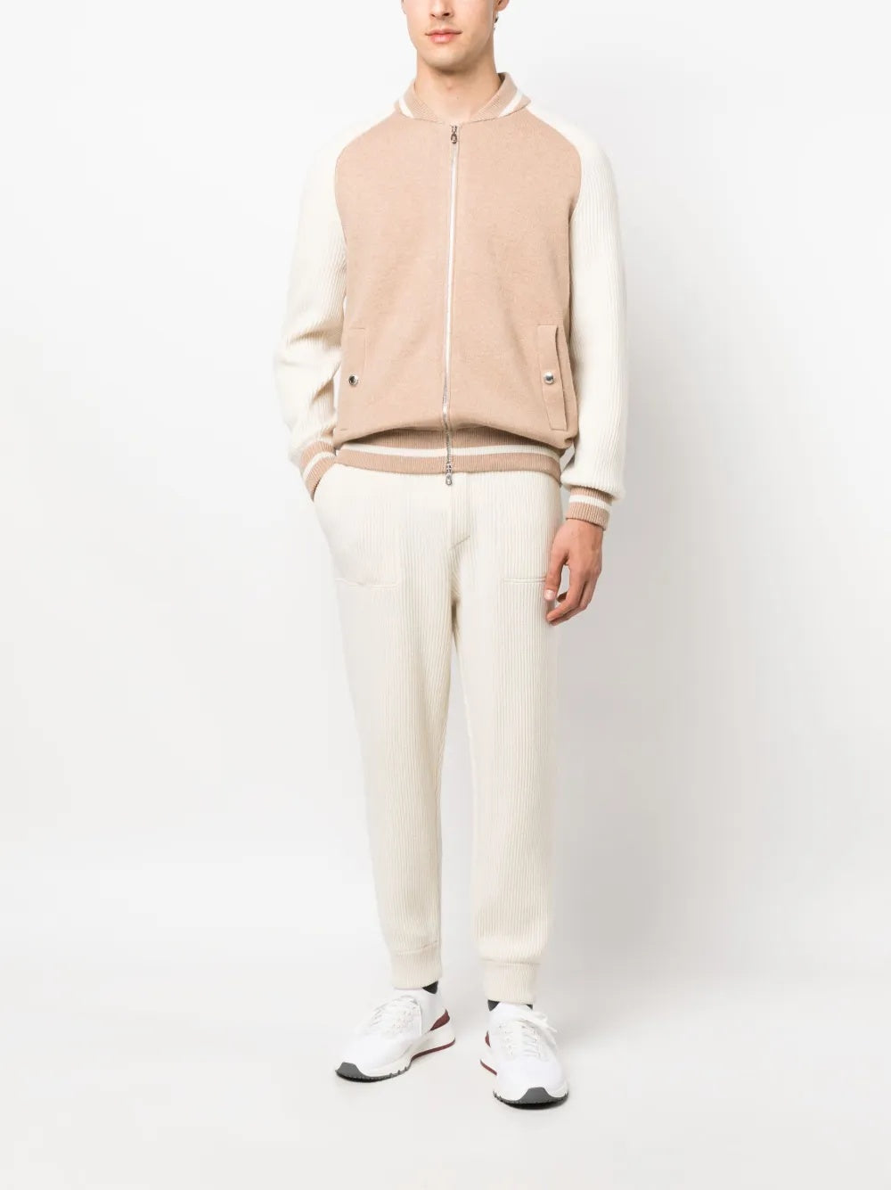 BRUNELLO CUCINELLI MEN'S CREAM RIBBED KNIT DRAWSTRING TROUSERS