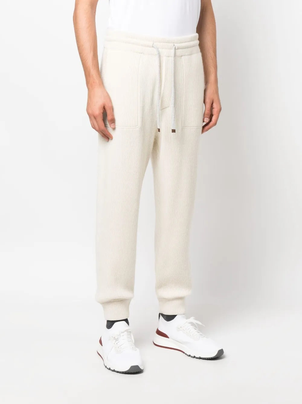 BRUNELLO CUCINELLI MEN'S CREAM RIBBED KNIT DRAWSTRING TROUSERS