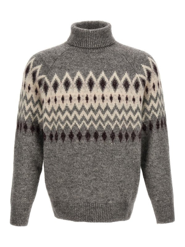 BRUNELLO CUCINELLI MEN'S GREY PATTERNED TURTLENECK KNIT SWEATER
