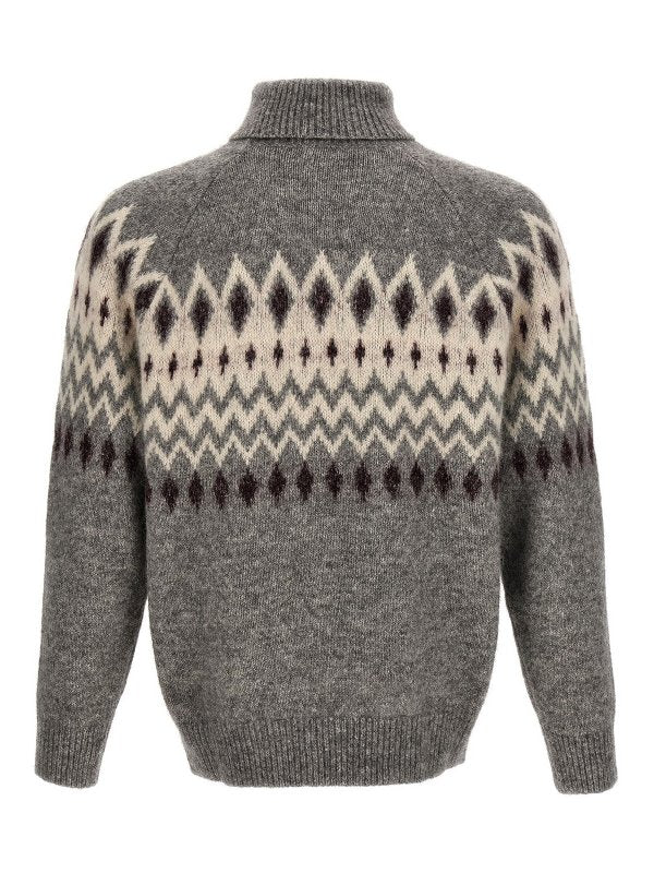 BRUNELLO CUCINELLI MEN'S GREY PATTERNED TURTLENECK KNIT SWEATER
