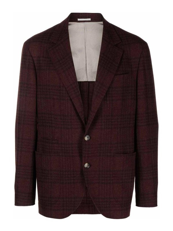 BRUNELLO CUCINELLI MEN'S DEEP BURGUNDY PLAID DECONSTRUCTED BLAZER