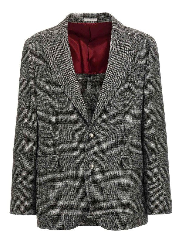 BRUNELLO CUCINELLI MEN'S GRAY CHECKERED DECONSTRUCTED BLAZER