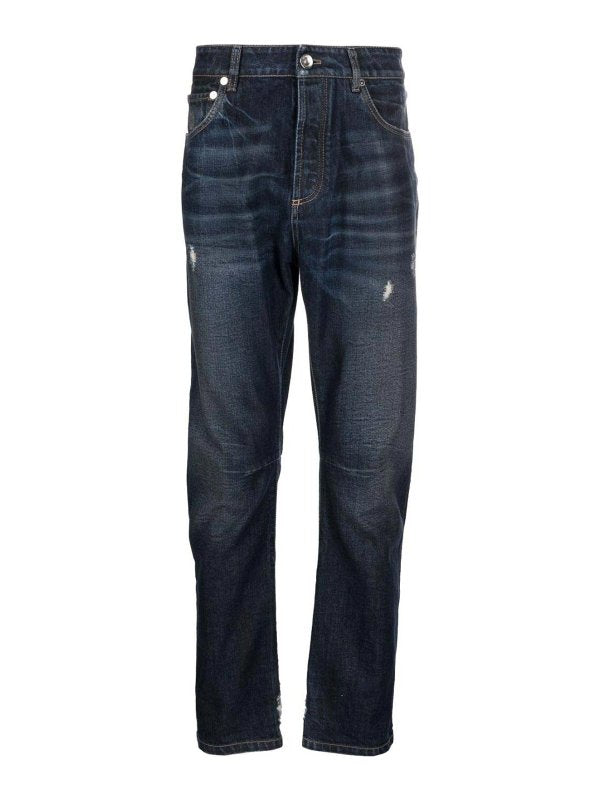 BRUNELLO CUCINELLI MEN'S DARK WASH DISTRESSED DENIM JEANS