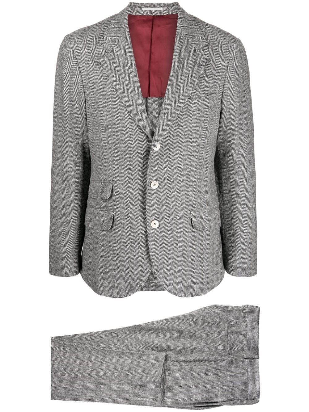 BRUNELLO CUCINELLI MEN'S MEDIUM GREY HERRINGBONE SUIT