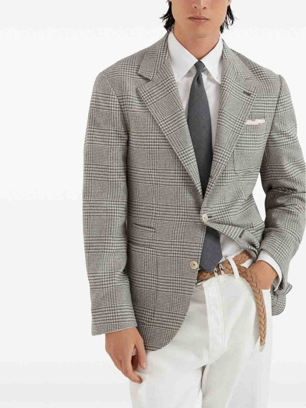 BRUNELLO CUCINELLI MEN'S GRAY PLAID DECONSTRUCTED BLAZER