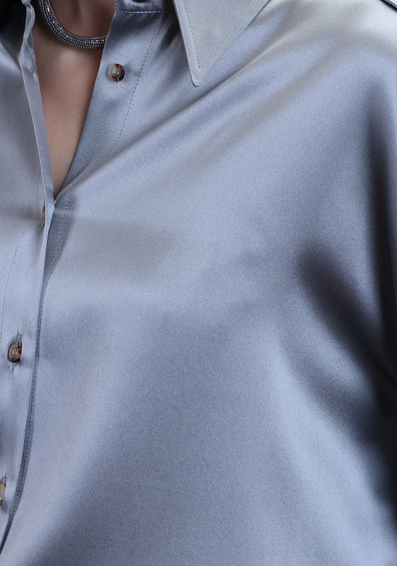 BRUNELLO CUCINELLI WOMEN'S GREY BLUE SATIN BUTTON-UP SHIRT