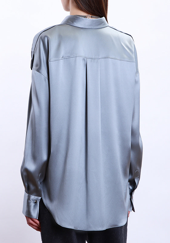 BRUNELLO CUCINELLI WOMEN'S GREY BLUE SATIN BUTTON-UP SHIRT