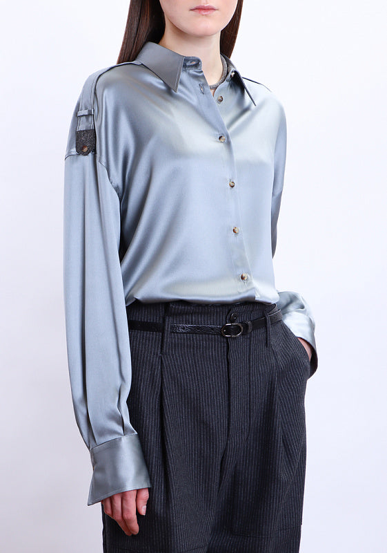BRUNELLO CUCINELLI WOMEN'S GREY BLUE SATIN BUTTON-UP SHIRT