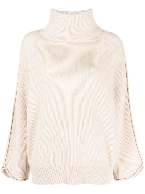 BRUNELLO CUCINELLI WOMEN'S BEIGE RIBBED KNIT SWEATER