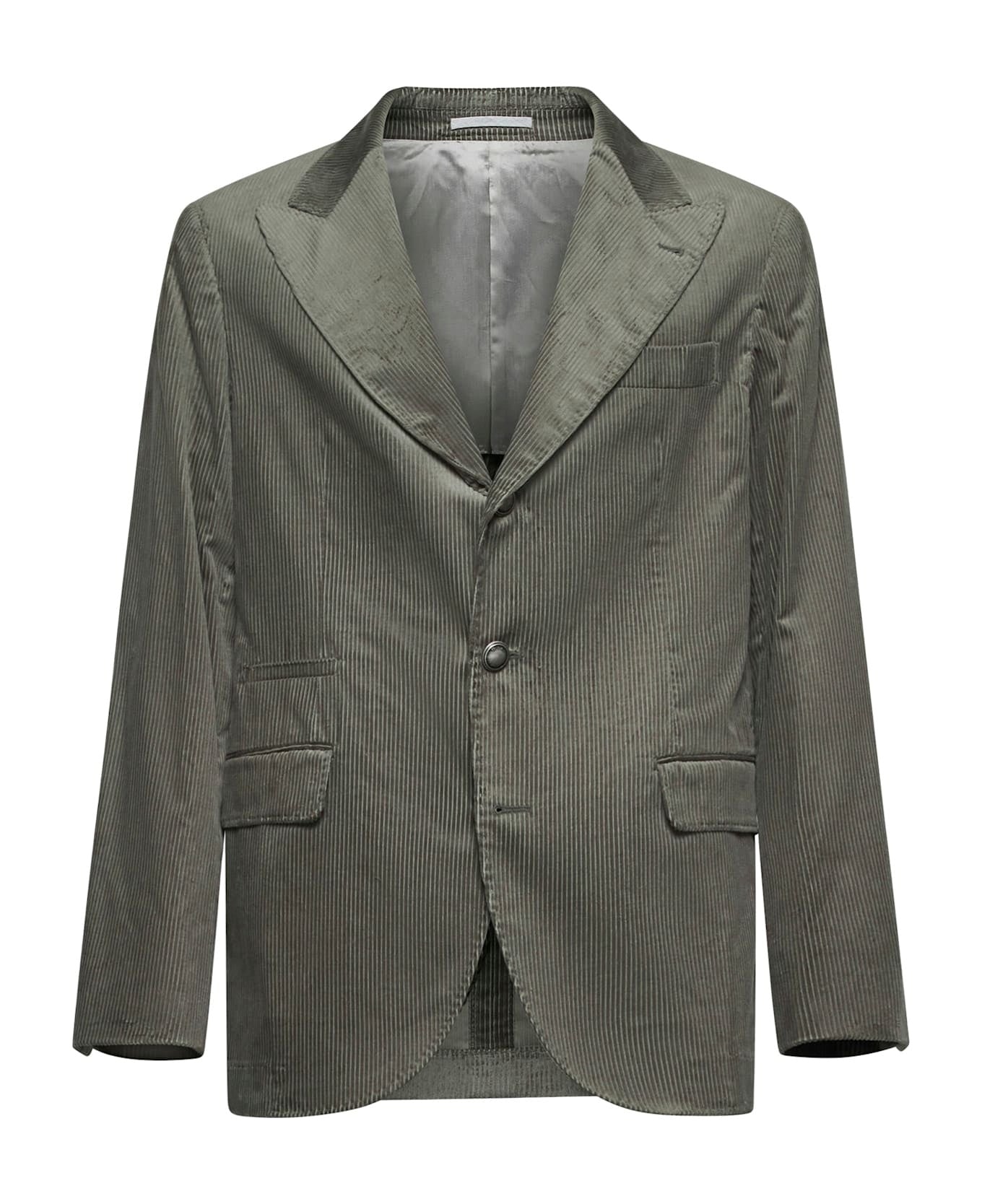 BRUNELLO CUCINELLI MEN'S OLIVE PINSTRIPE DECONSTRUCTED BLAZER