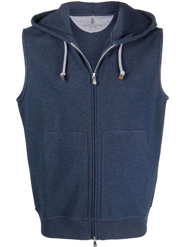 BRUNELLO CUCINELLI MEN'S BLUE SLEEVELESS ZIP HOODIE