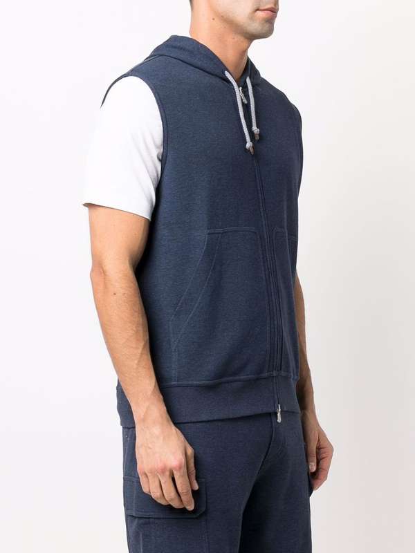 BRUNELLO CUCINELLI MEN'S BLUE SLEEVELESS ZIP HOODIE