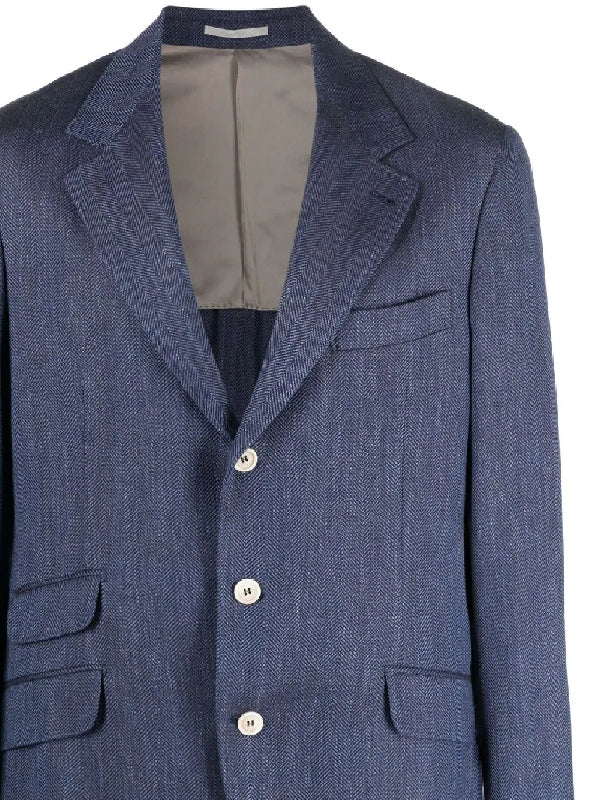BRUNELLO CUCINELLI MEN'S BLUE HERRINGBONE DECONSTRUCTED BLAZER