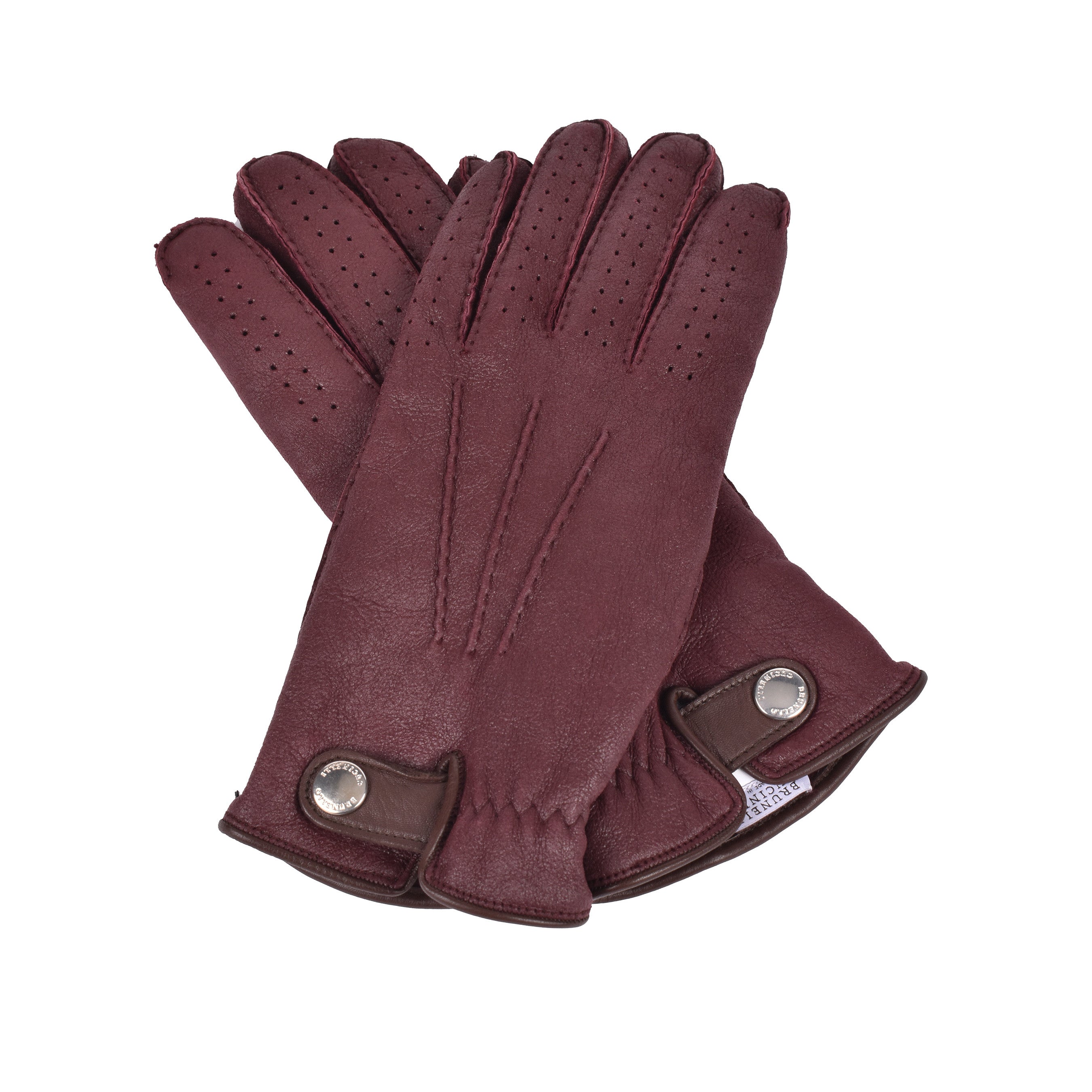 BRUNELLO CUCINELLI MEN'S MAROON LEATHER DETAILED GLOVES