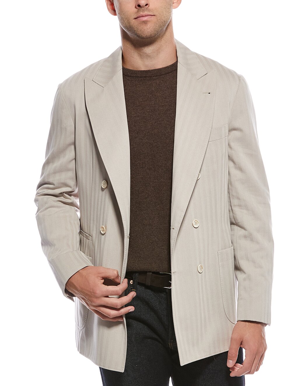 BRUNELLO CUCINELLI MEN'S BEIGE DOUBLE-BREASTED STRIPED BLAZER
