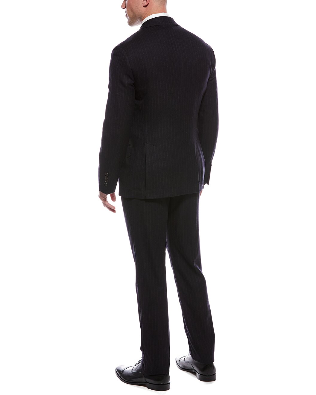 BRUNELLO CUCINELLI MEN'S NAVY DOUBLE-BREASTED PINSTRIPE SUIT