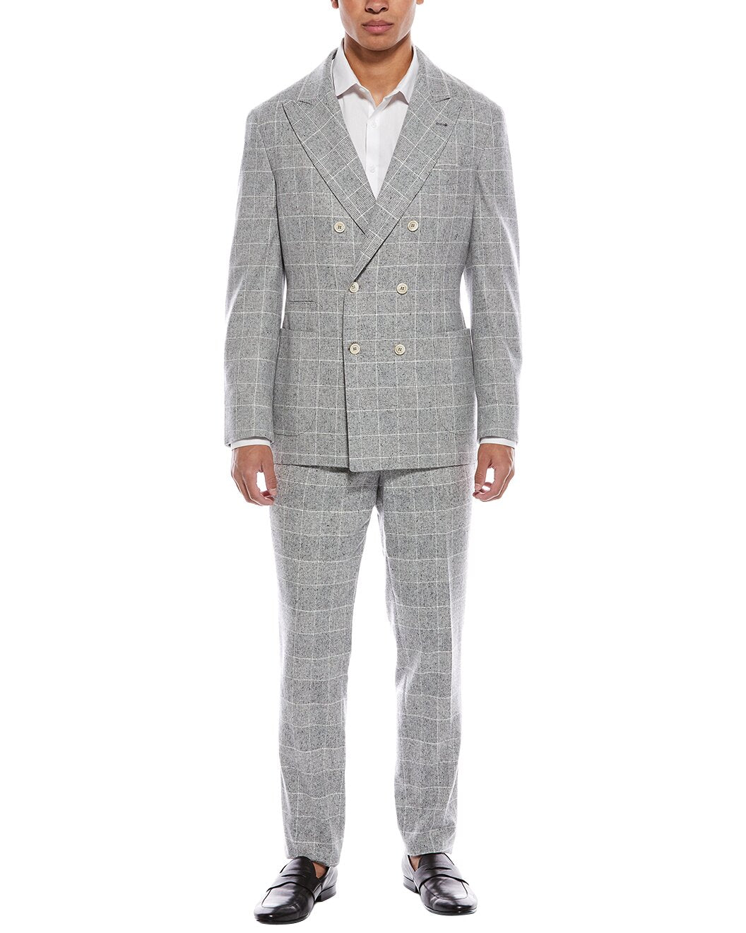 BRUNELLO CUCINELLI MEN'S GRAY DOUBLE-BREASTED CHECKERED SUIT
