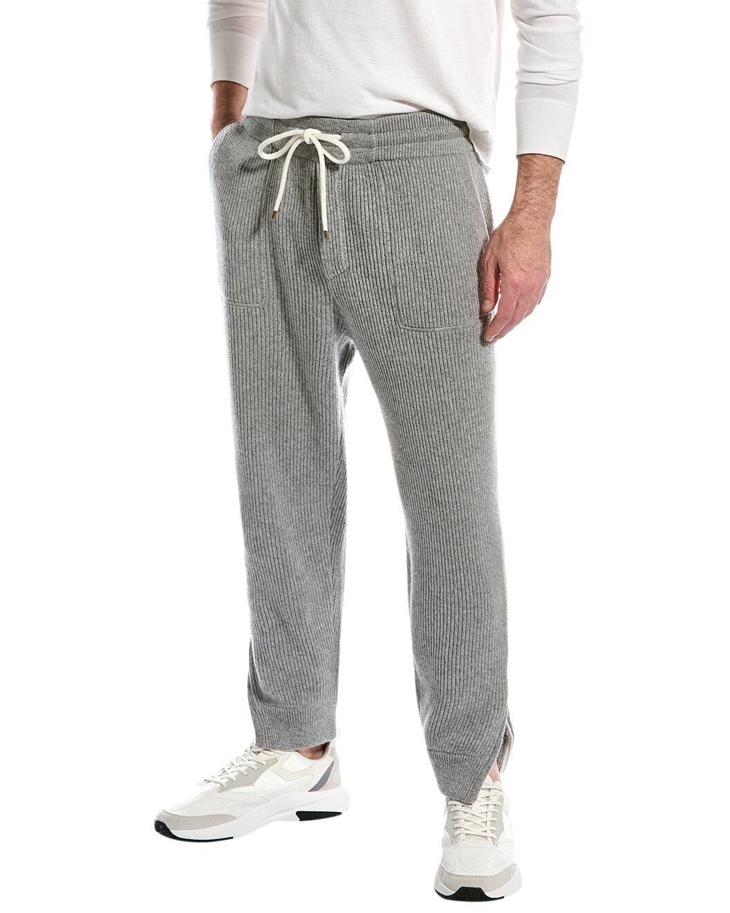 BRUNELLO CUCINELLI MEN'S LIGHT GREY CASHMERE RIBBED DRAWSTRING TROUSERS