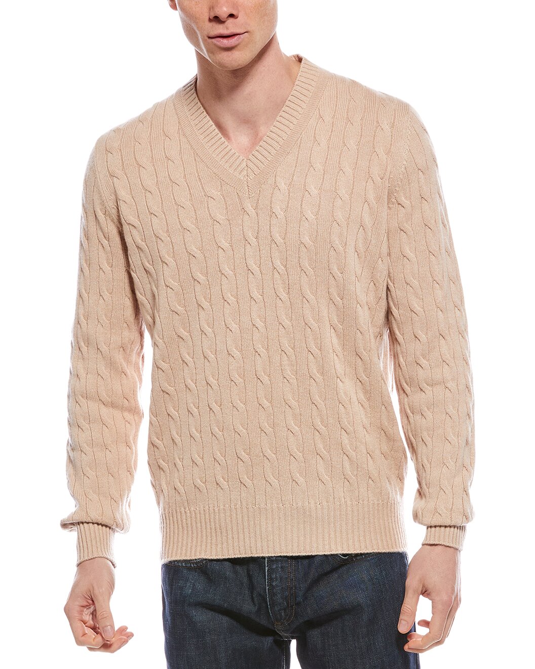 BRUNELLO CUCINELLI MEN'S BEIGE CABLE KNIT V-NECK SWEATER