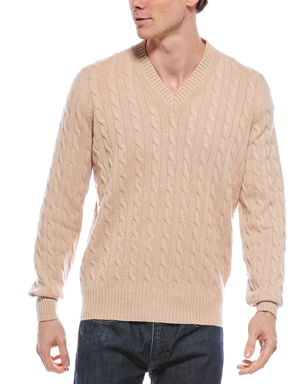 BRUNELLO CUCINELLI MEN'S BEIGE CABLE KNIT V-NECK SWEATER