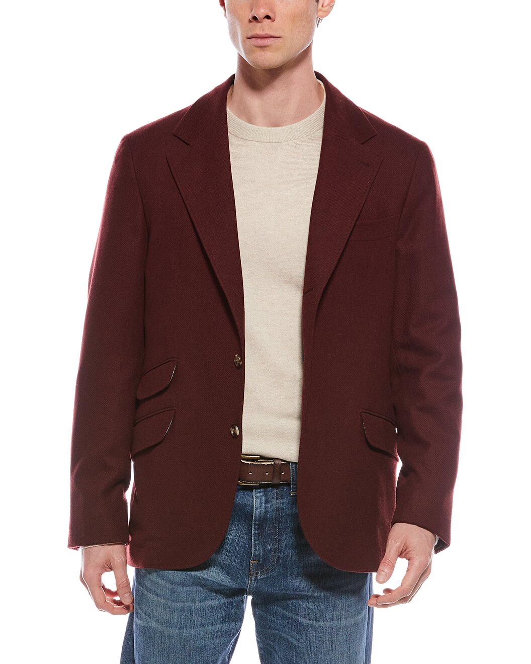 BRUNELLO CUCINELLI MEN'S DARK RED TAILORED BLAZER WITH POCKETS