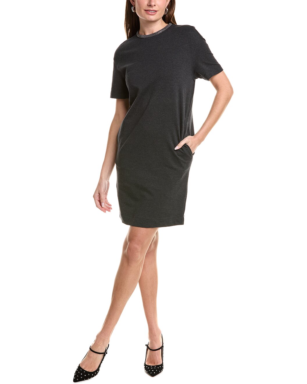 BRUNELLO CUCINELLI WOMEN'S ANTHRACITE SHORT SLEEVE SHIFT DRESS