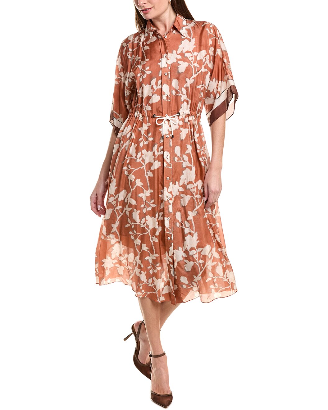 BRUNELLO CUCINELLI WOMEN'S ORANGE FLORAL BUTTON-UP MIDI DRESS