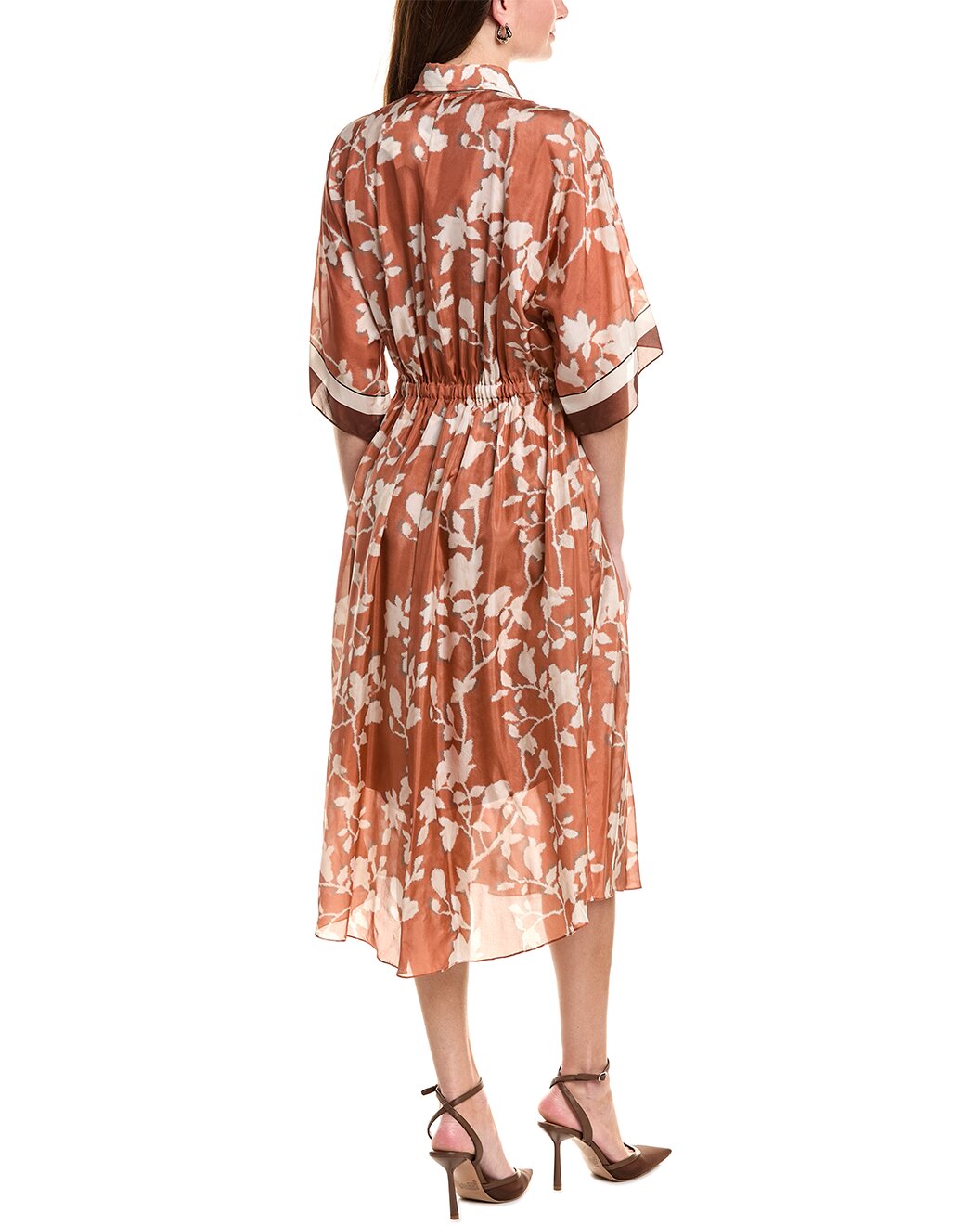 BRUNELLO CUCINELLI WOMEN'S ORANGE FLORAL BUTTON-UP MIDI DRESS