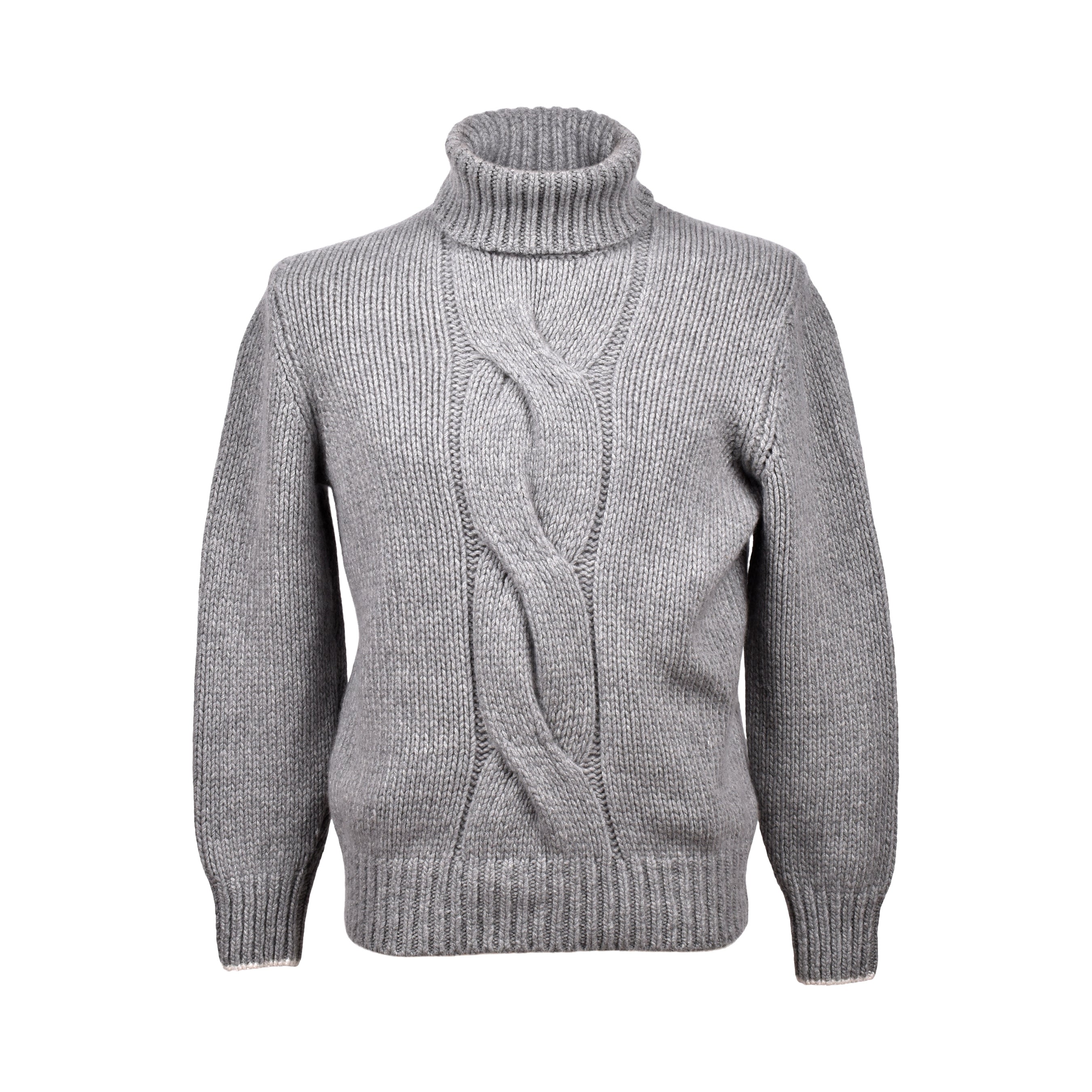 BRUNELLO CUCINELLI MEN'S LIGHT GREY CASHMERE CABLE KNIT TURTLENECK