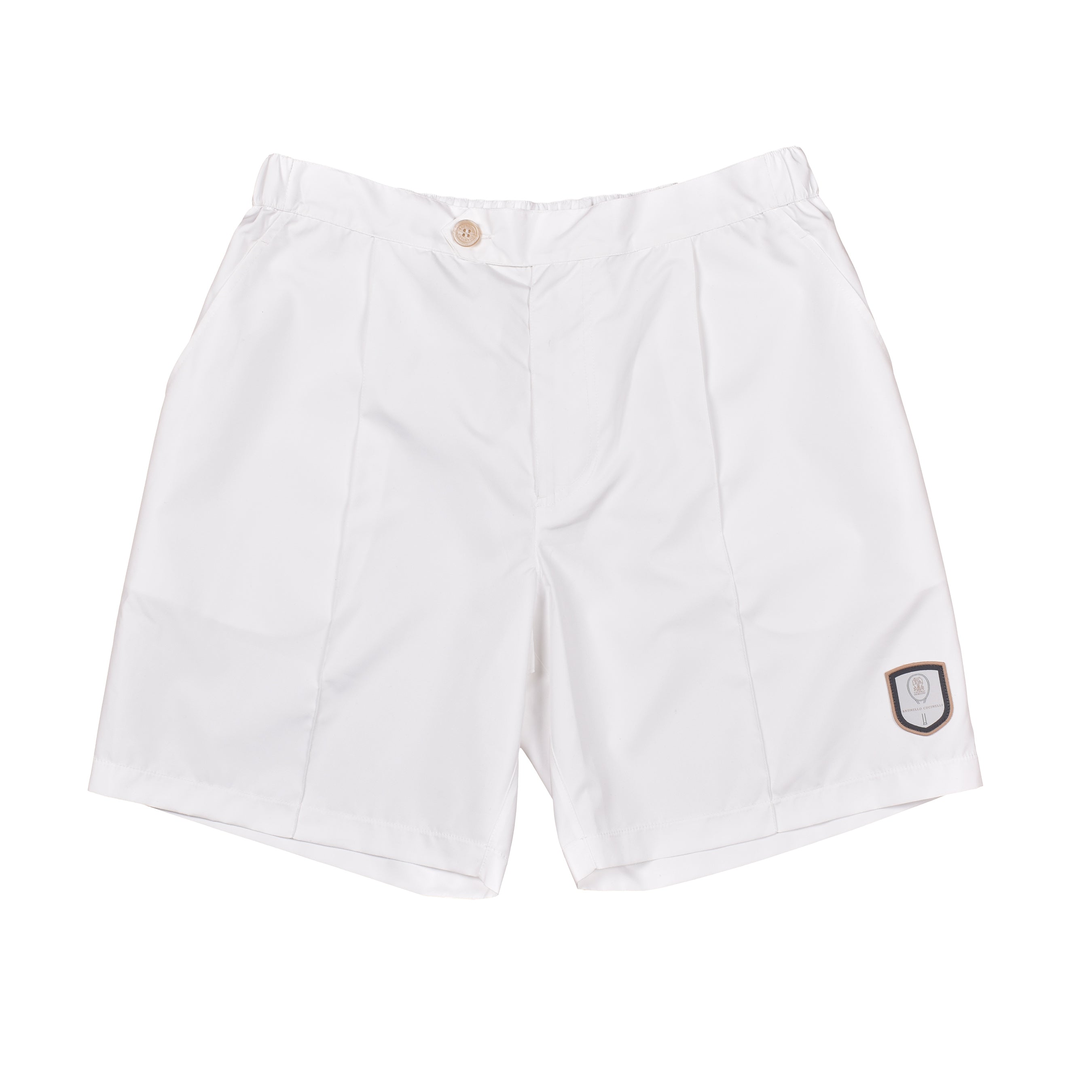BRUNELLO CUCINELLI MEN'S WHITE TAILORED SHORTS WITH LOGO PATCH